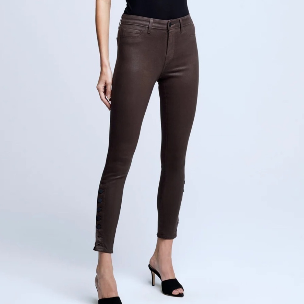Lâagence Piper Coated Skinny Jeans Womenâs 28 Brown Button Ankle Euc